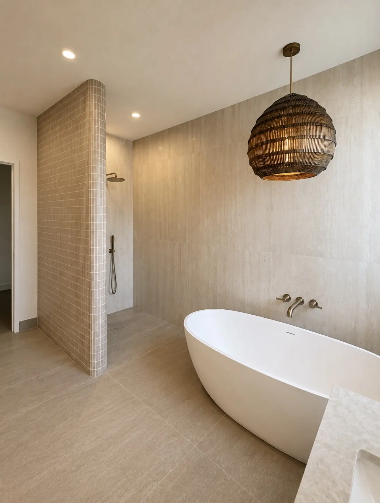 Travertine spa bathroom designed and remodeled by CFN